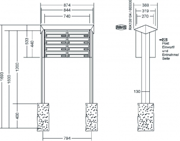 RENZ Briefkastenanlage freistehend, PRISMA, Edelstahl V4A, Kastenformat 370x110x270mm, 8-teilig, zum Einbetonieren